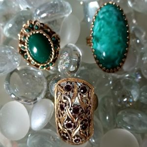 EUC Vintage Gold Tone with Green & Purple Stones Adjustable Rings-Set of 3